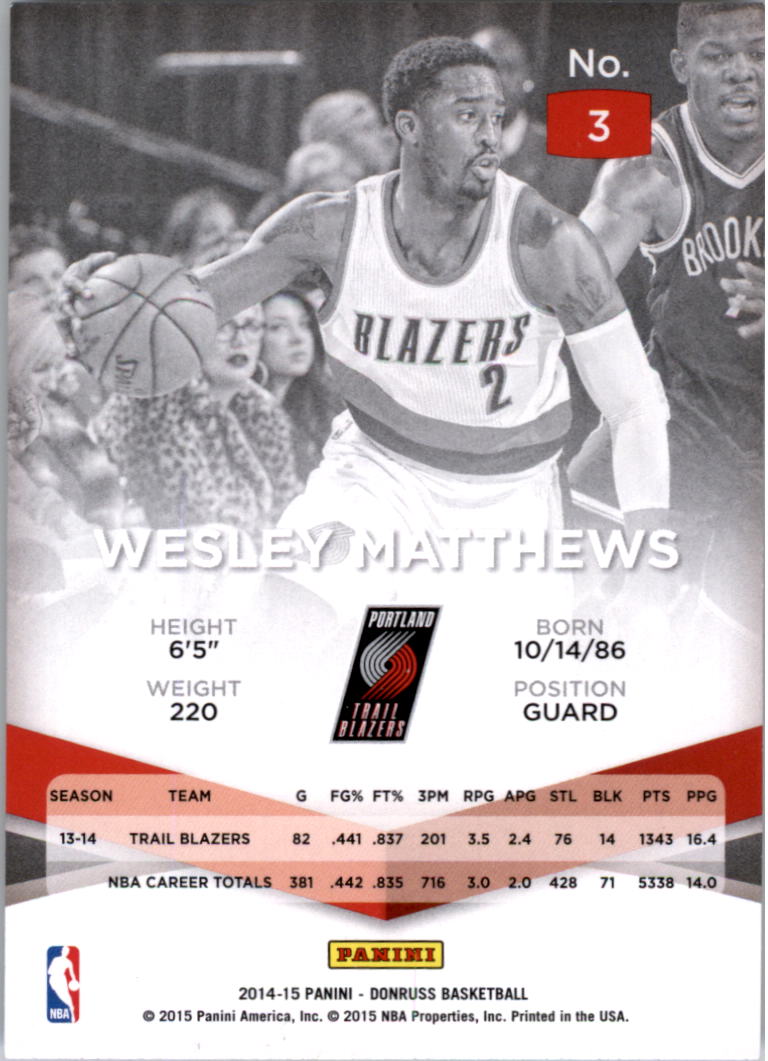 2014-15 Elite #3 Wesley Matthews back image
