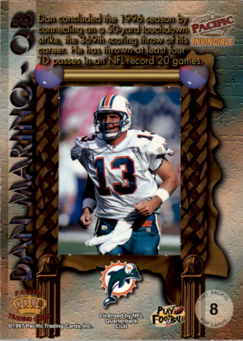 1997 Pacific Invincible Pop Cards Missing Puzzle Piece #8 Dan Marino back image