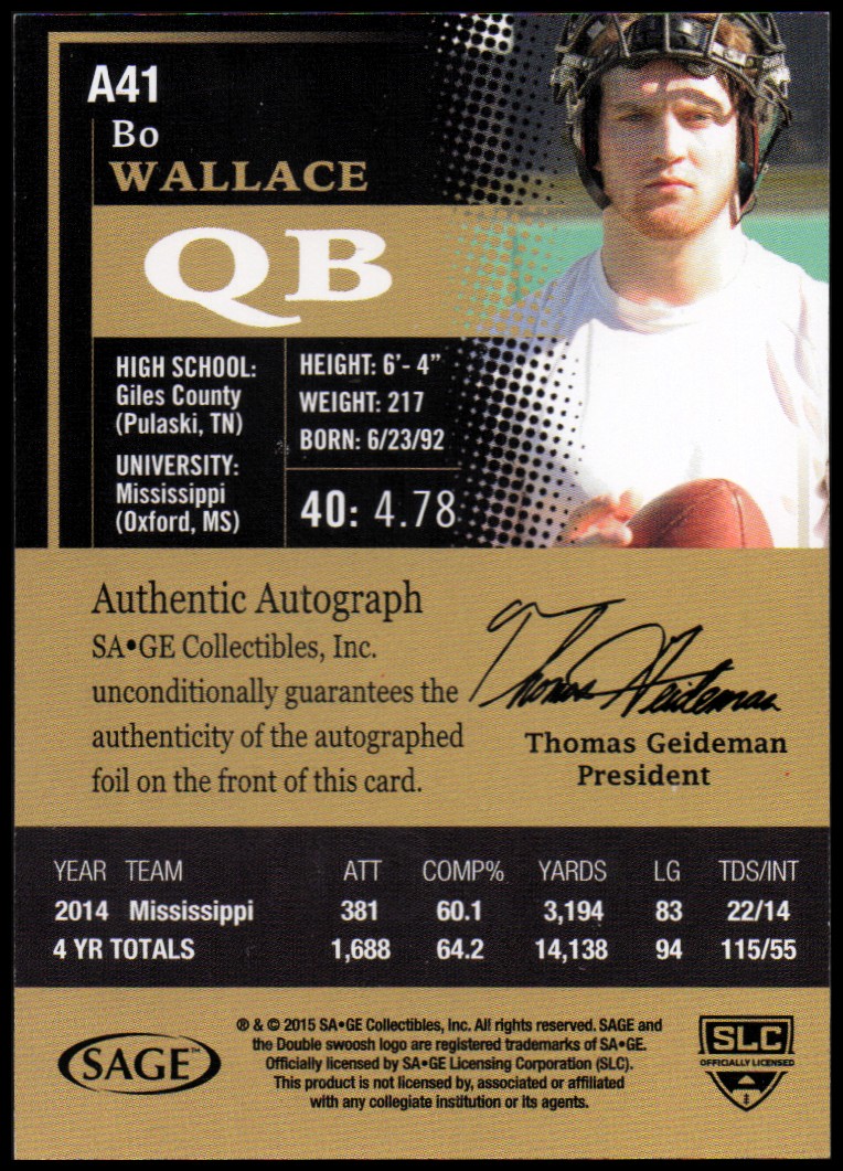 2015 SAGE HIT Autographs Gold #A41 Bo Wallace back image