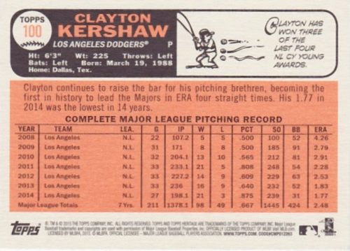2015 Topps Heritage #100C Clayton Kershaw Color SP back image