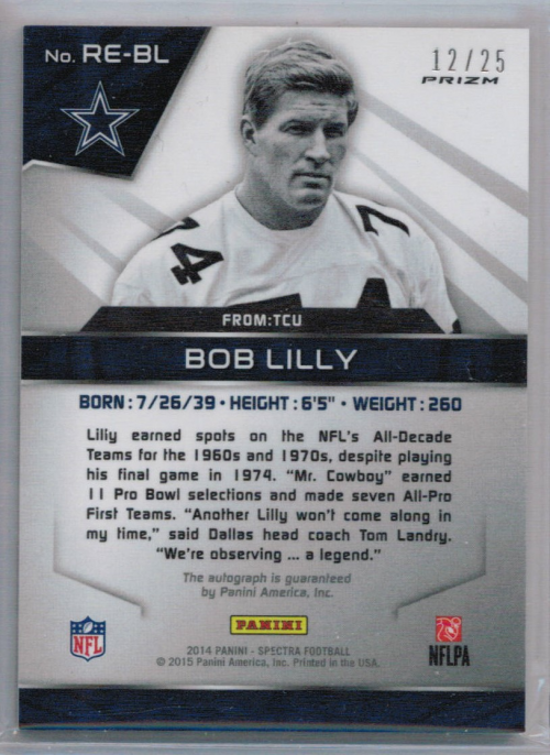 2014 Panini Spectra Retired Autographs Prizms Blue #14 Bob Lilly/25 back image