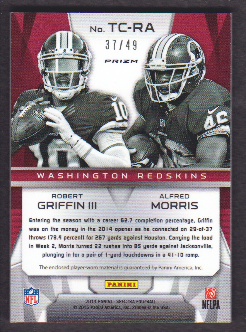 2014 Panini Spectra Teammates Combo Jerseys Prizms Blue #5 Alfred Morris/Robert Griffin III/49 back image