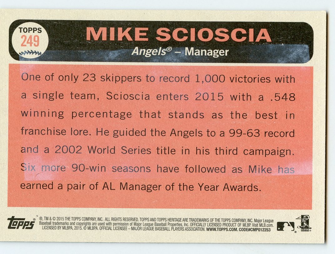 2015 Topps Heritage Gum Stained Back #249 Mike Scioscia