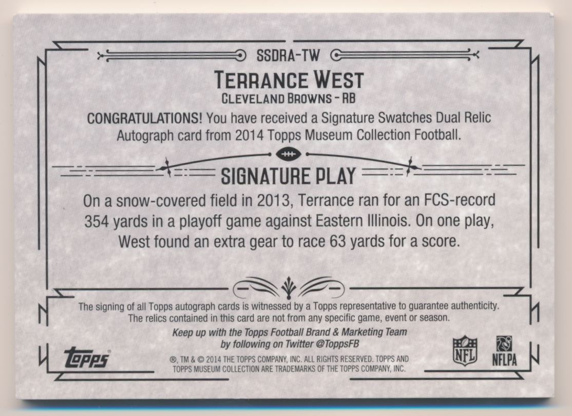 2014 Topps Museum Collection Signatures Swatches Dual Relic Autographs #SSDRATW Terrance West/200 back image