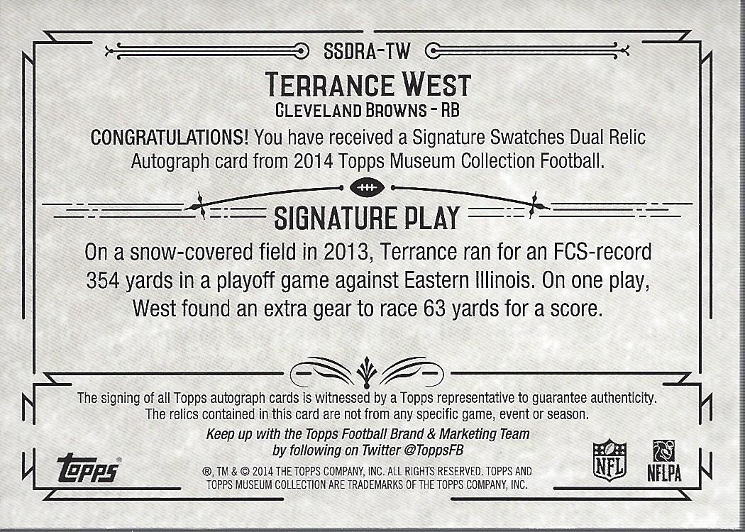 2014 Topps Museum Collection Signatures Swatches Dual Relic Autographs Copper #SSDRATW Terrance West back image