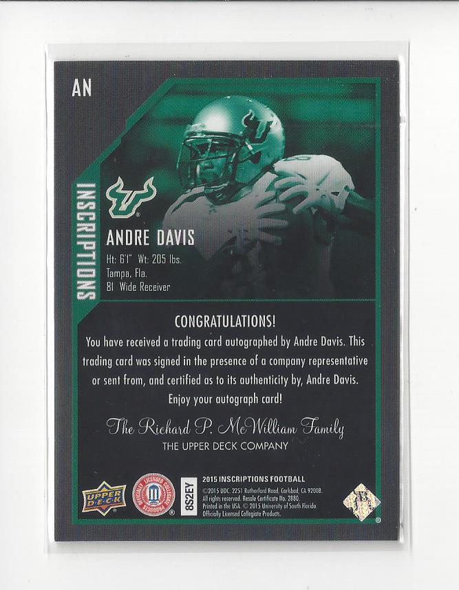 2015 Upper Deck Inscriptions #AN Andre Davis back image