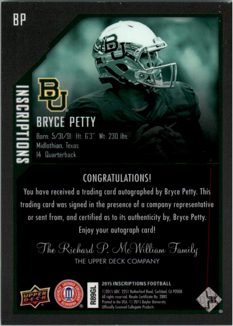 2015 Upper Deck Inscriptions #BP Bryce Petty SP back image