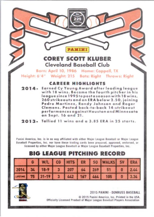 2015 Donruss '81 Press Proofs Bronze #229 Corey Kluber back image