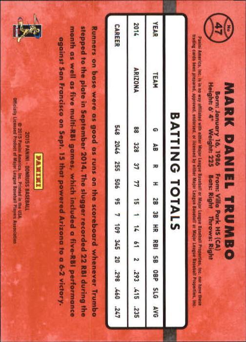 2015 Donruss Stat Line Career #47 Mark Trumbo/109 back image
