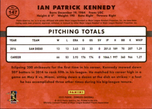 2015 Donruss Stat Line Season #147 Ian Kennedy/207 back image