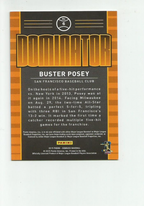 2015 Donruss Elite Inserts Dominator #6 Buster Posey back image