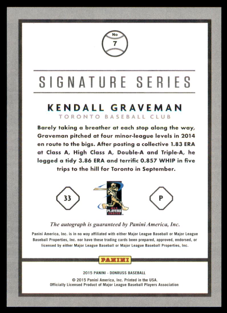 2015 Donruss Signature Series #7 Kendall Graveman back image