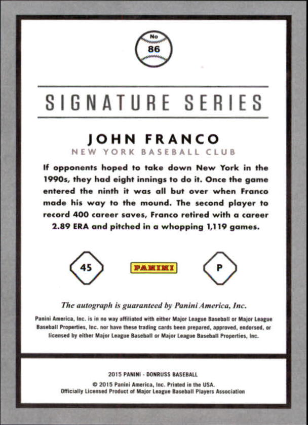 2015 Donruss Signature Series Red #86 John Franco/49 back image