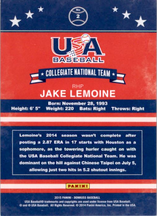 2015 Donruss USA Collegiate National Team Gold #2 Jake Lemoine back image