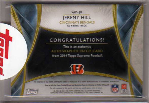 2014 Topps Supreme Autographed Relics Blue Patch #SAPJH Jeremy Hill EXCH back image