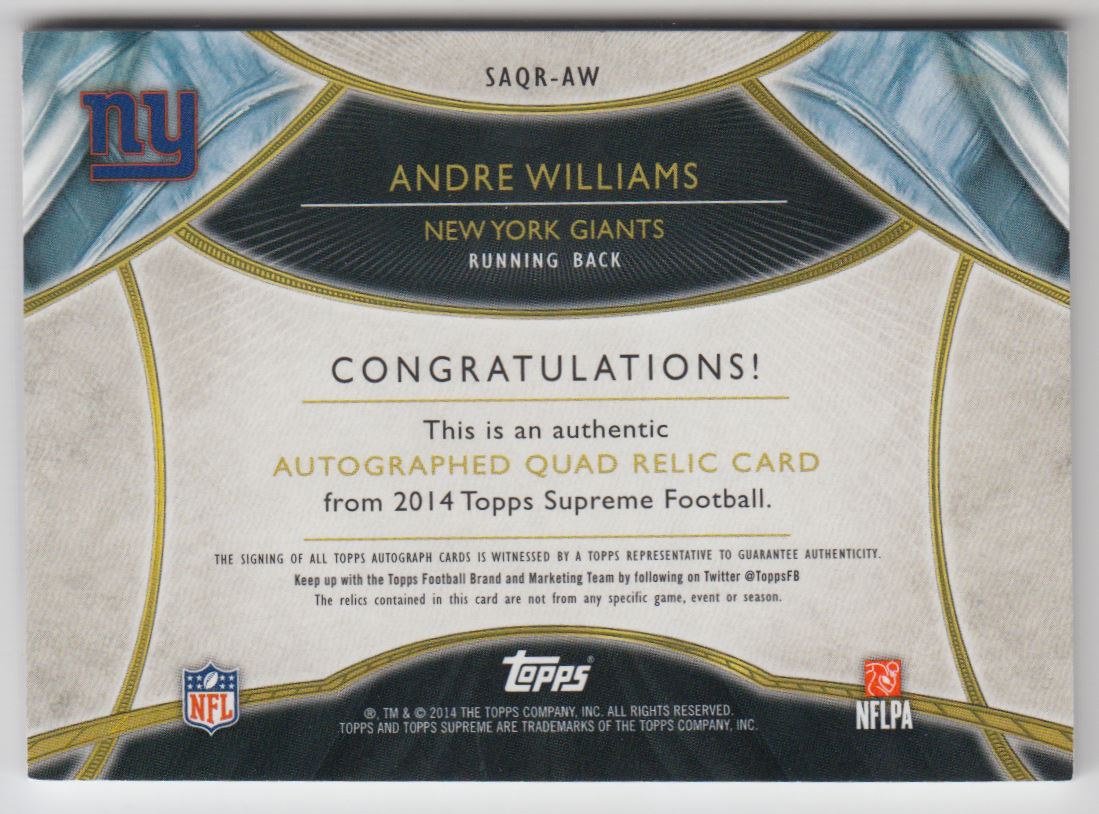 2014 Topps Supreme Autographed Quad Relics Blue Patch #SAQRAW Andre Williams back image