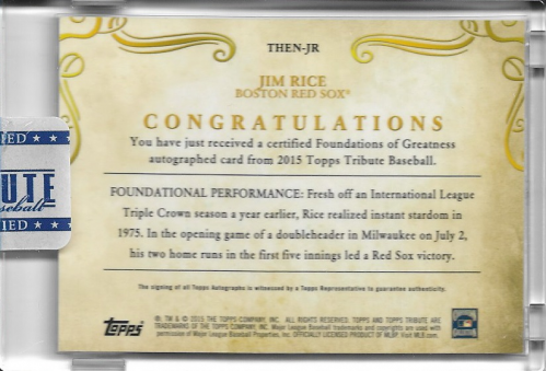 2015 Topps Tribute Foundations of Greatness Autographs #THENJR Jim Rice back image
