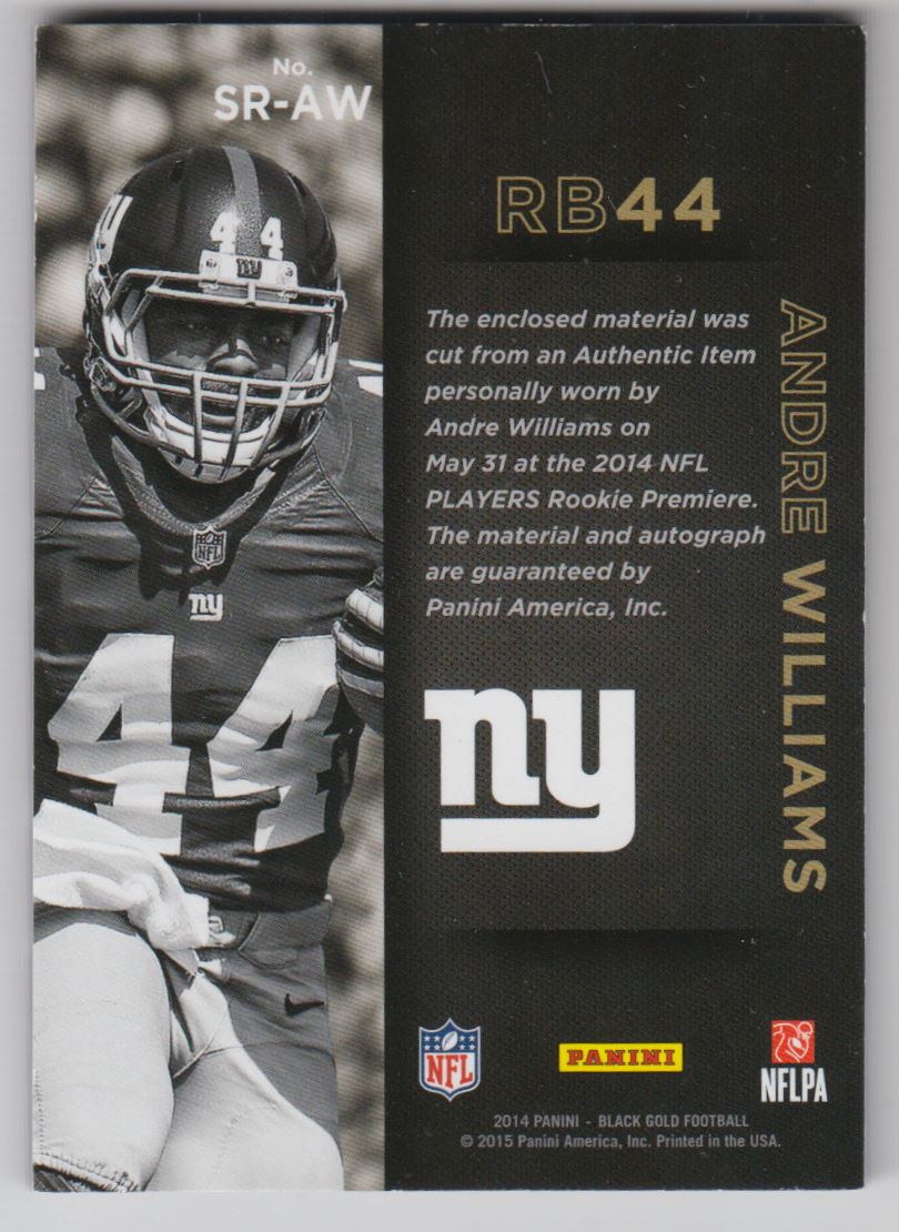 2014 Panini Black Gold Sizeable Signatures Rookie Jerseys Prime #25 Andre Williams/49 back image