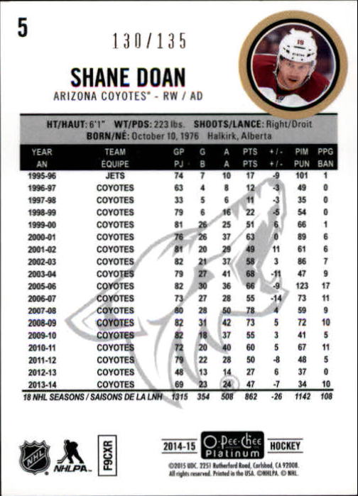 2014-15 O-Pee-Chee Platinum Red Prism #5 Shane Doan back image