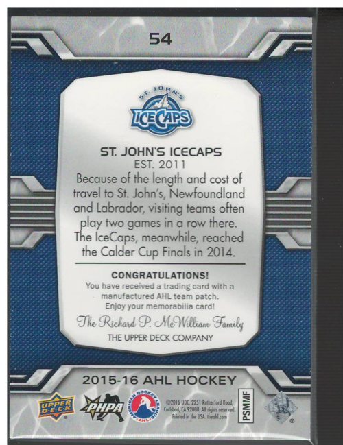 2014-15 Upper Deck AHL Logo Patches #54 St. John's IceCaps Alt. back image