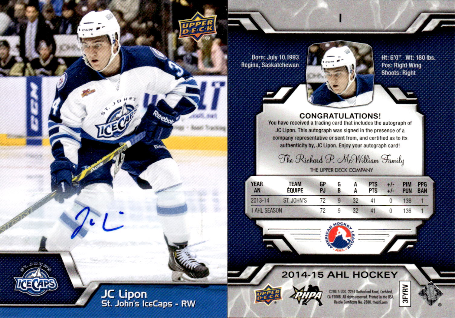 2014-15 Upper Deck AHL Autographs #1 J.C. Lipon