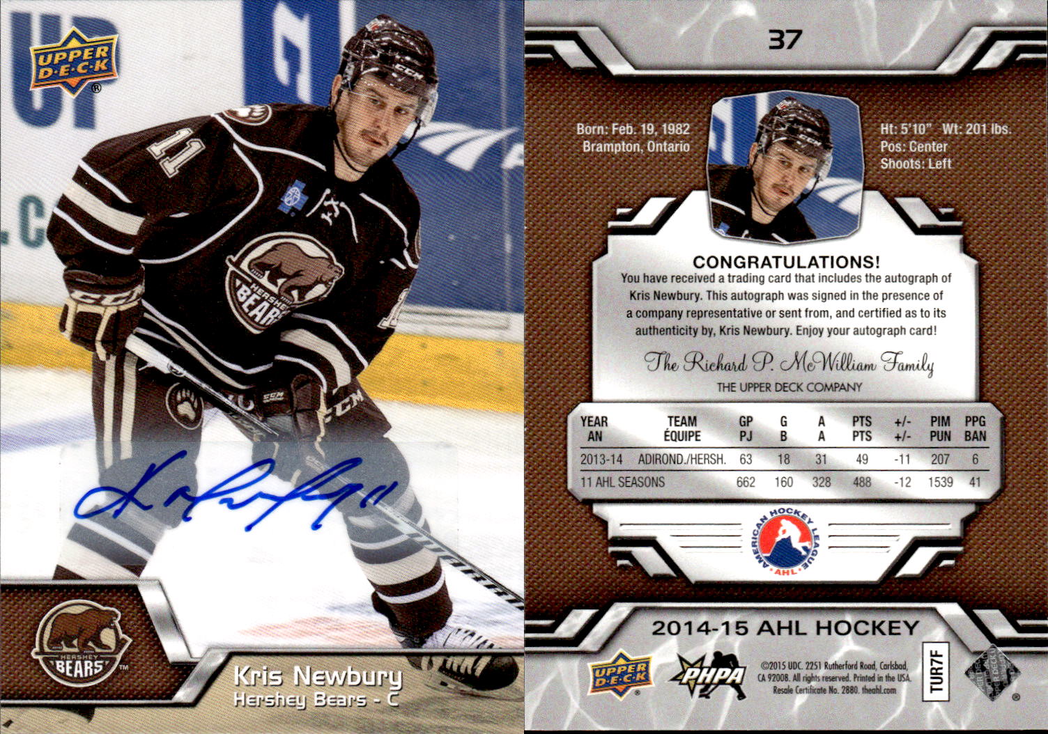 2014-15 Upper Deck AHL Autographs #37 Kris Newbury
