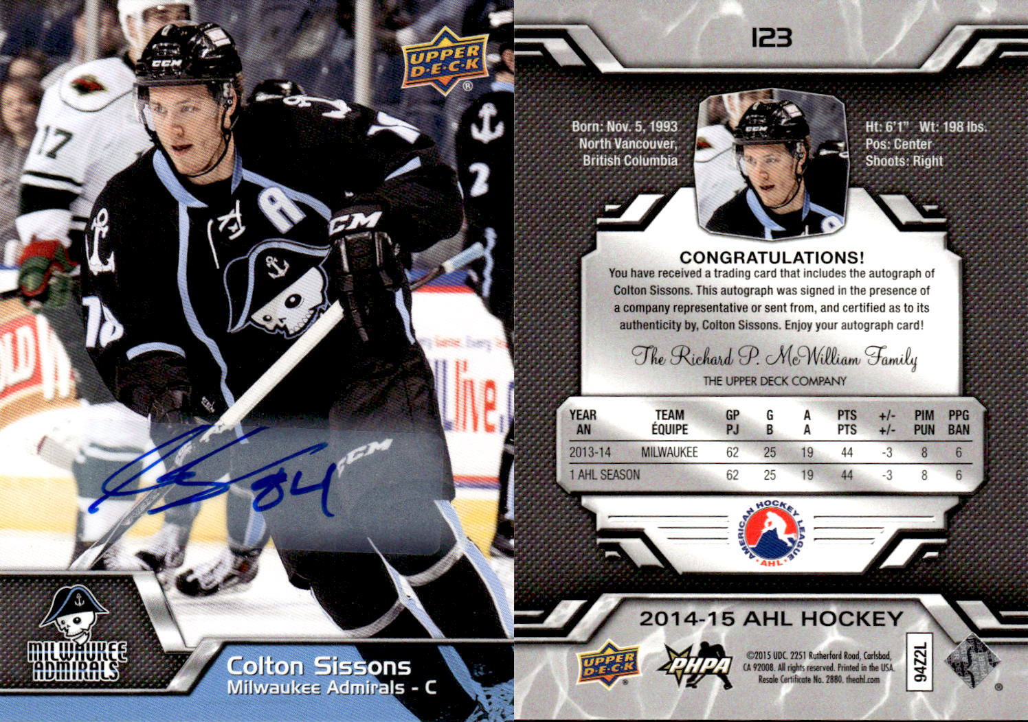 2014-15 Upper Deck AHL Autographs #123 Colton Sissons