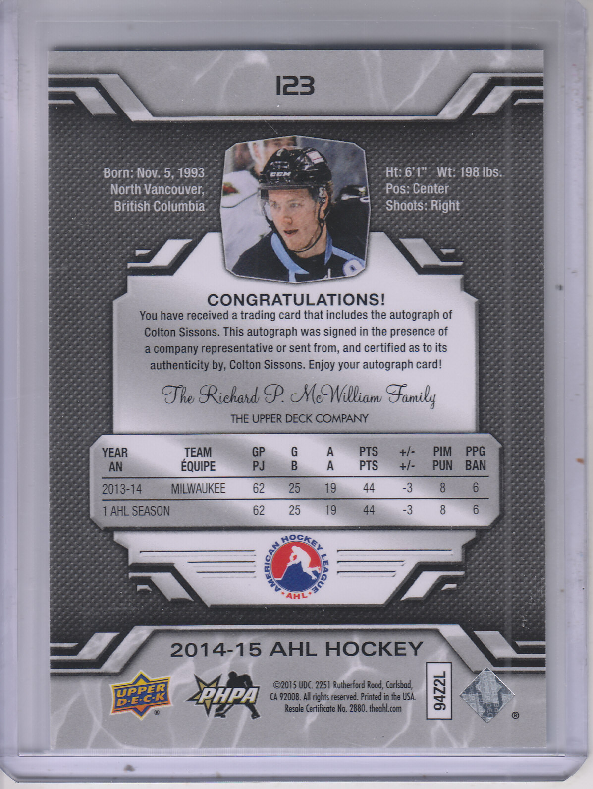 2014-15 Upper Deck AHL Autographs #123 Colton Sissons back image