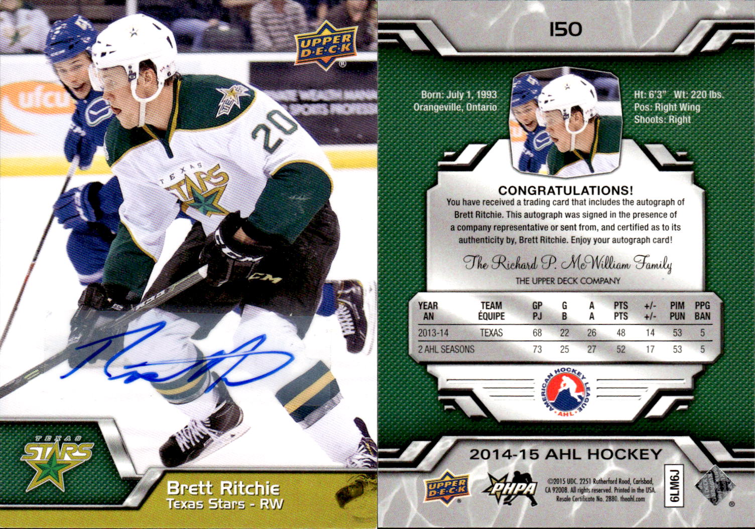 2014-15 Upper Deck AHL Autographs #150 Brett Ritchie