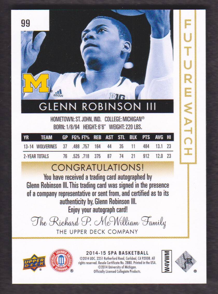 2014-15 SP Authentic #99 Glenn Robinson III AU/475 back image