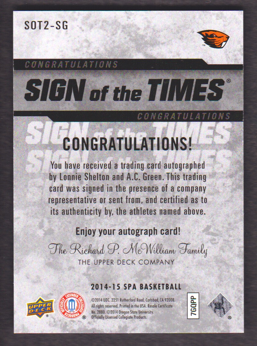 2014-15 SP Authentic Sign of the Times Dual #SOT2SG A.C. Green/Lonnie Shelton back image
