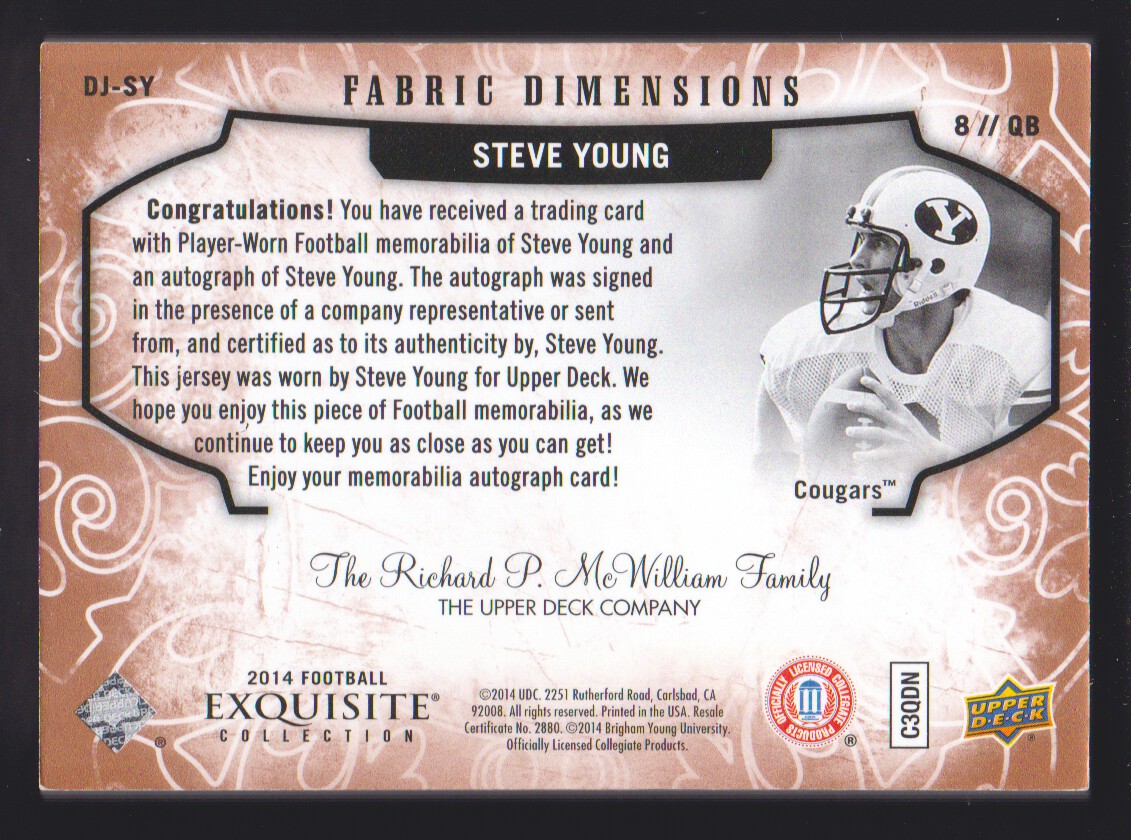 2014 Exquisite Collection Dimension Jerseys #DJSY Steve Young back image