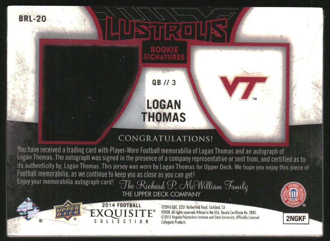 2014 UD Black Rookie Lustrous Jersey Signatures #BRL20 Logan Thomas/75 EXCH back image