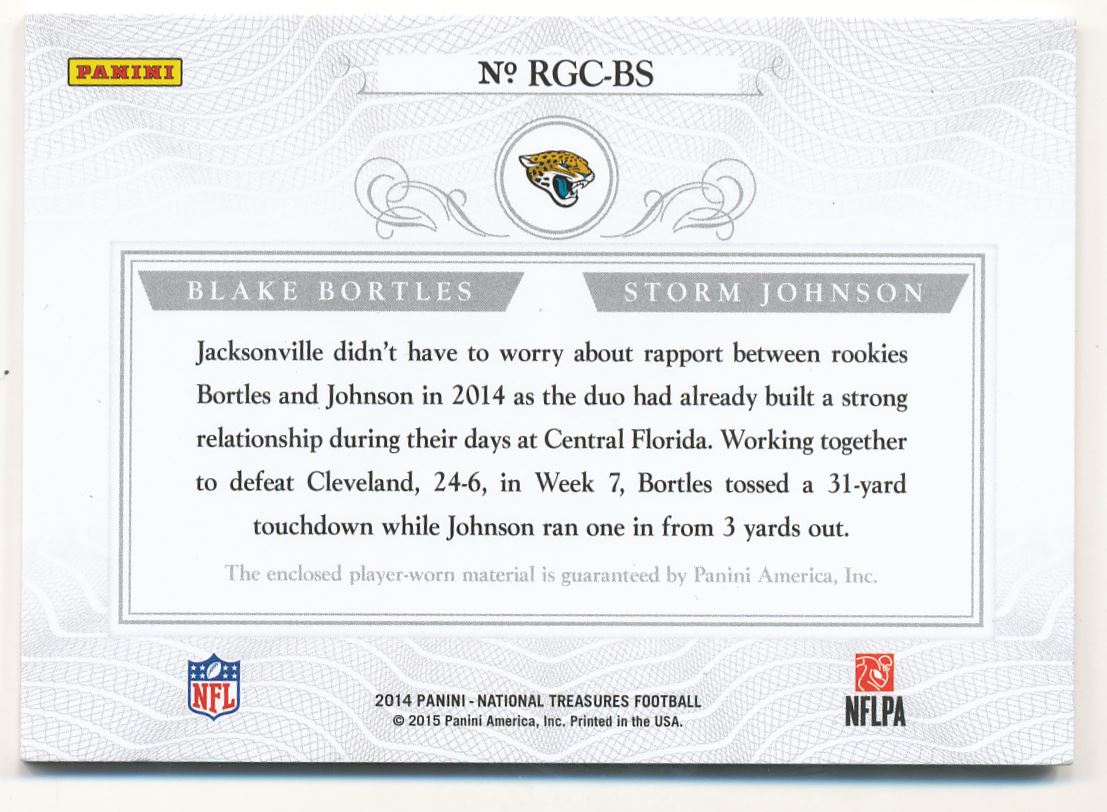 2014 Panini National Treasures Rookie NFL Gear Combo Player Materials #30 Blake Bortles/Storm Johnson back image