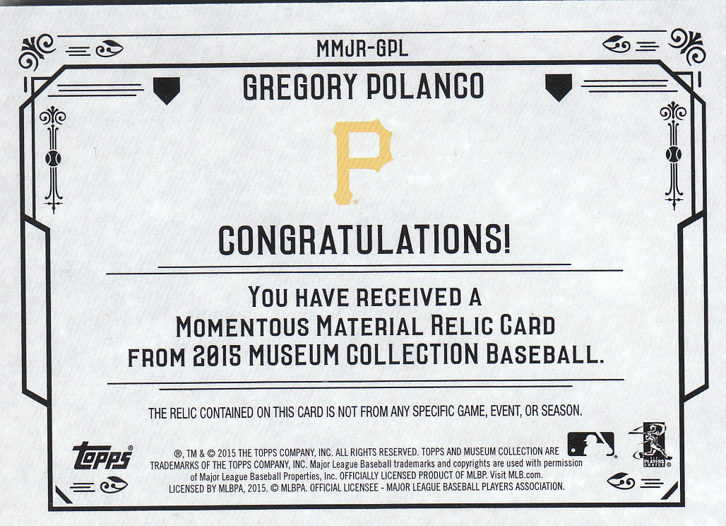 2015 Topps Museum Collection Momentous Material Jumbo Relics Copper #MMJRGPL Gregory Polanco back image