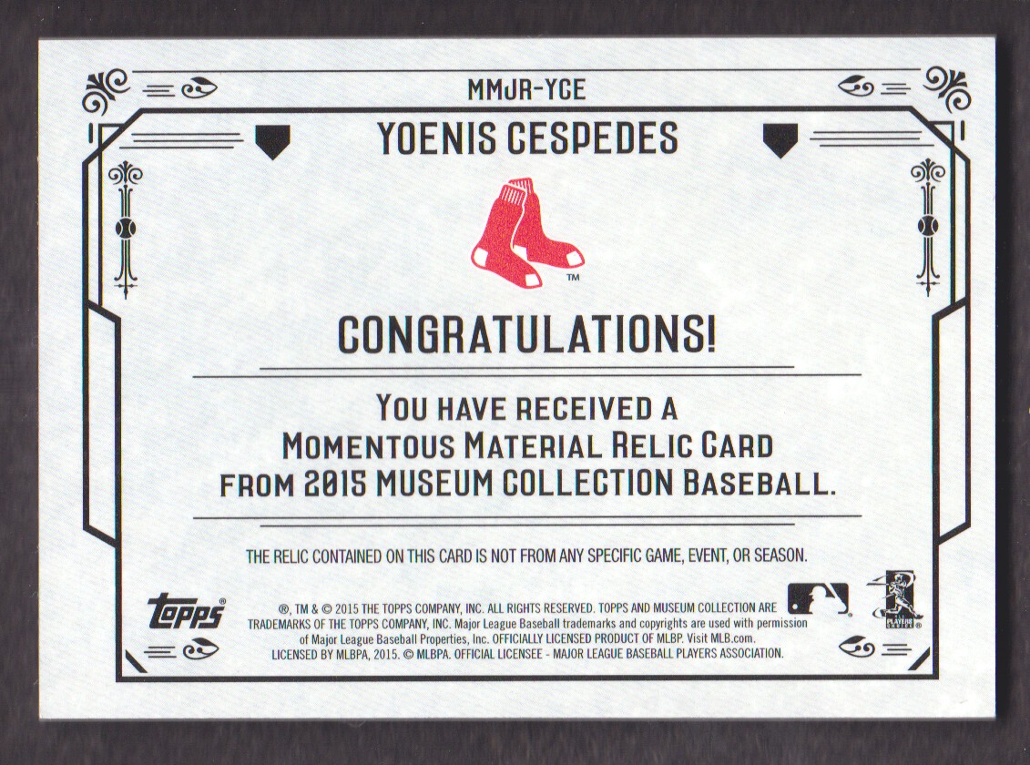 2015 Topps Museum Collection Momentous Material Jumbo Relics Copper #MMJRYCE Yoenis Cespedes back image
