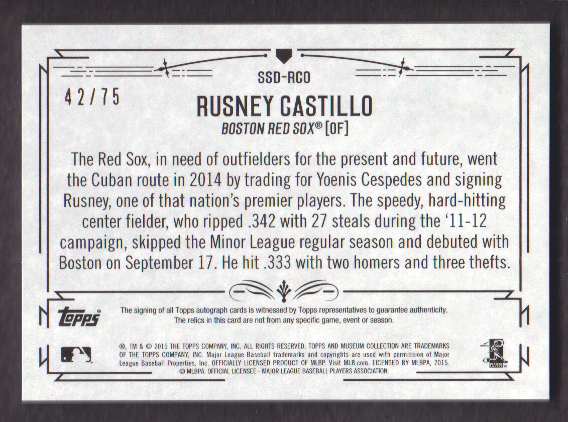 2015 Topps Museum Collection Signature Swatches Dual Relic Autographs #SSDRCO Rusney Castillo/75 back image