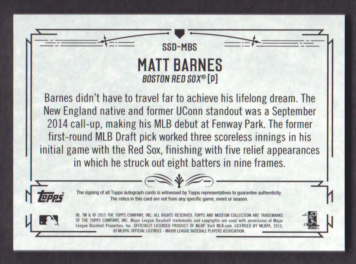 2015 Topps Museum Collection Signature Swatches Dual Relic Autographs Emerald Patch #SSDMBS Matt Barnes back image