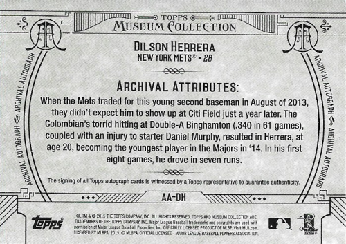 2015 Topps Museum Collection Archival Autographs #AADH Dilson Herrera/399 back image