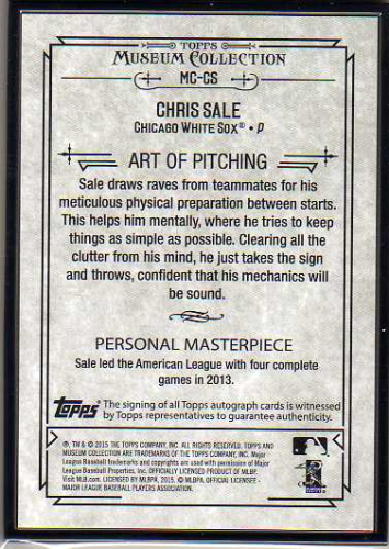 2015 Topps Museum Collection Framed Museum Collection Autographs Black #MCCS Chris Sale back image