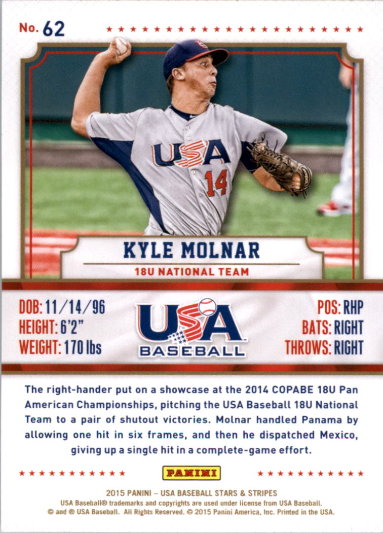 2015 USA Baseball Stars and Stripes Longevity #62 Kyle Molnar back image