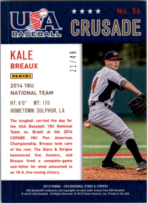 2015 USA Baseball Stars and Stripes Crusade Red and Blue #56 Kale Breaux back image