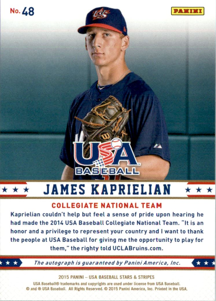 2015 USA Baseball Stars and Stripes Longevity Signatures Ruby #48 James Kaprielian/49 back image