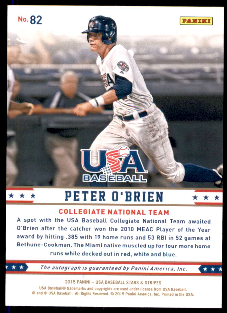 2015 USA Baseball Stars and Stripes Longevity Signatures Ruby #82 Peter O'Brien/49 back image