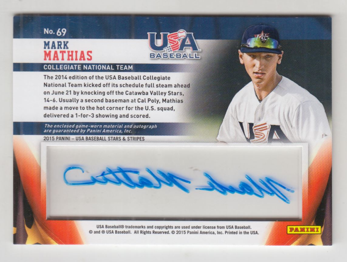 2015 USA Baseball Stars and Stripes Jersey Signatures #69 Mark Mathias/99 back image