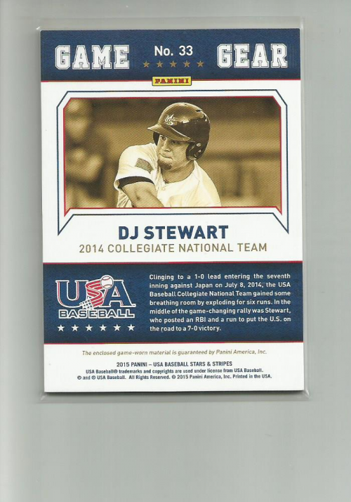 2015 USA Baseball Stars and Stripes Game Gear Materials #33 DJ Stewart/299 back image