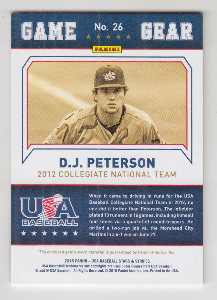 2015 USA Baseball Stars and Stripes Game Gear Materials Longevity #26 D.J. Peterson/49 back image