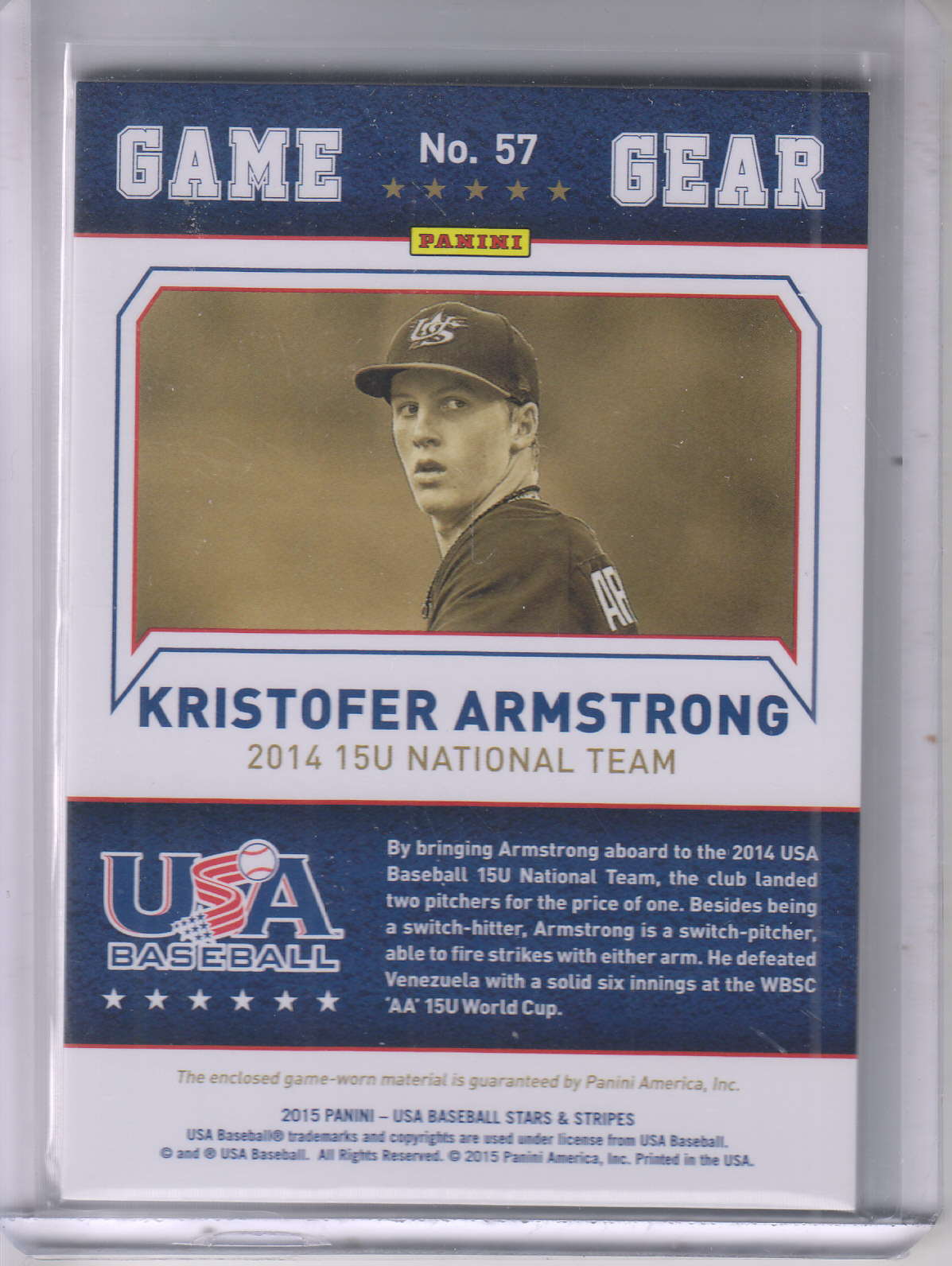 2015 USA Baseball Stars and Stripes Game Gear Materials Longevity Holofoil #57 Kristofer Armstrong/25 back image