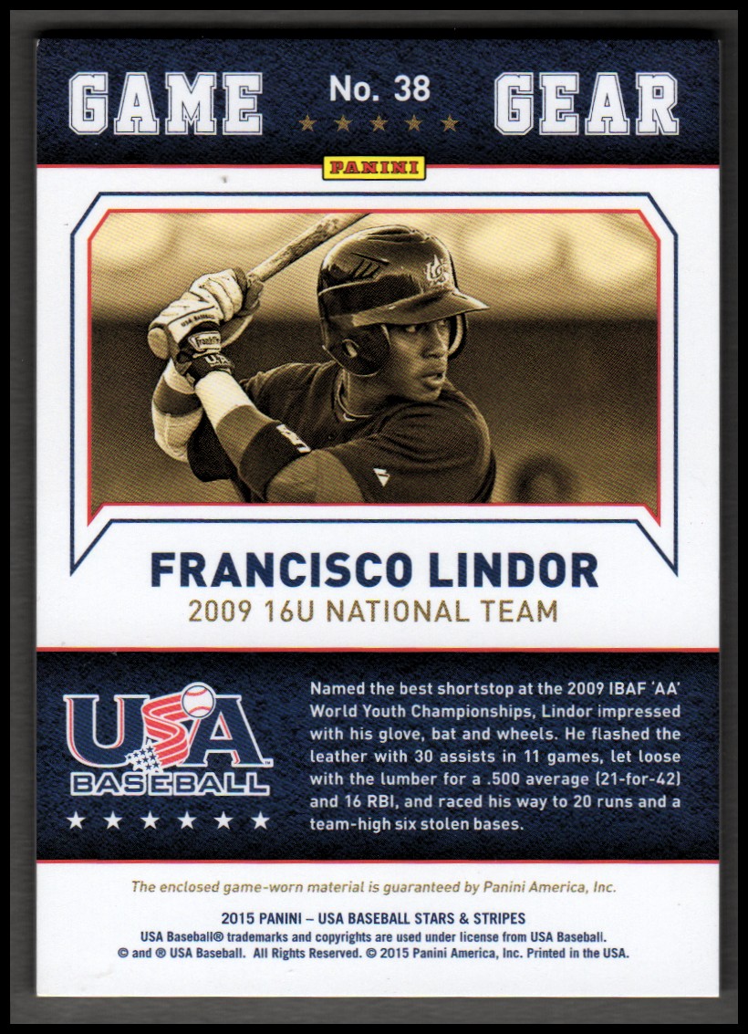 2015 USA Baseball Stars and Stripes Game Gear Materials Longevity Ruby #38 Francisco Lindor/299 back image