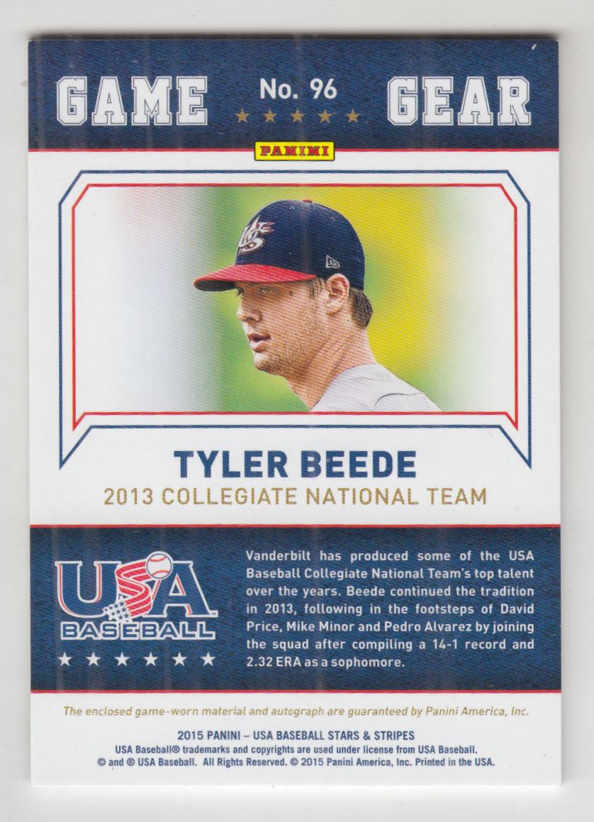 2015 USA Baseball Stars and Stripes Game Gear Materials Signatures #96 Tyler Beede/99 back image